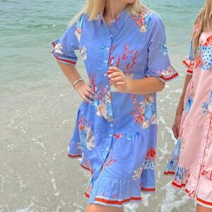 ISLA PAYAL BLUE PINK PRINT SHORT SLEEVE COTTON MIDI DRESS Seashells Peri NWT